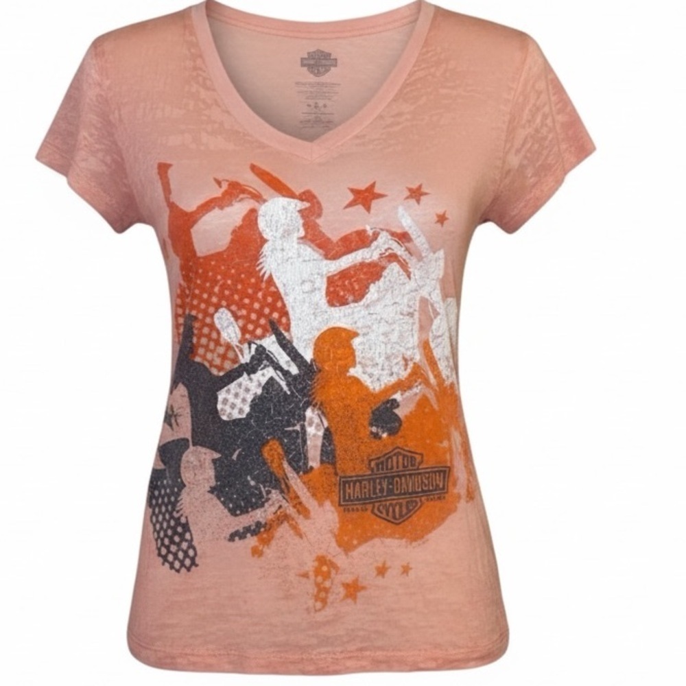 HARLEY DAVIDSON Motorcycle Tee V-Neck Graphic Thrashed Fitted Orange SZ Small
